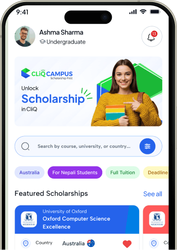 CliQ Campus scholarship app on a phone