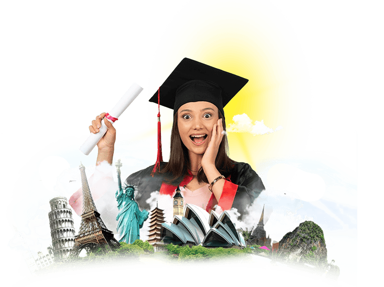 Graduate celebrating a scholarship win, surrounded by global landmarks